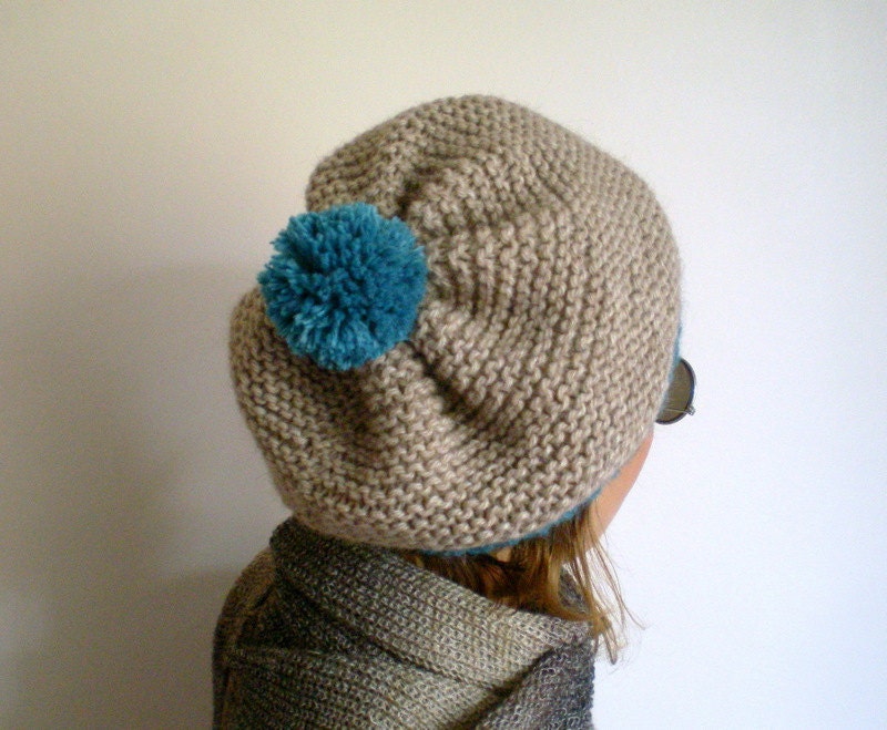 Alpaca Slouchy Hat with Pompom  Chunky Knit Beret in Stones Colors and Teal