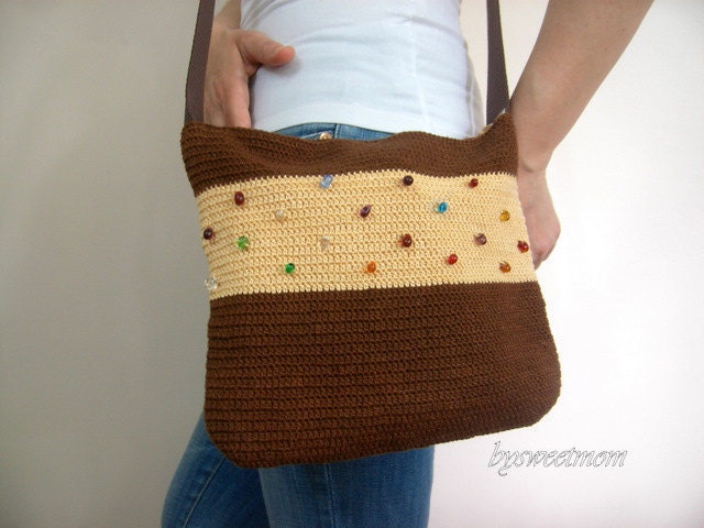 Crochet Bag Brown Apricot Yellow Colorful Beaded Messenger Bag