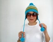 Unisex Earflap Hat Beanie Blue with Pompoms and Stripes- Black Friday Etys SALE