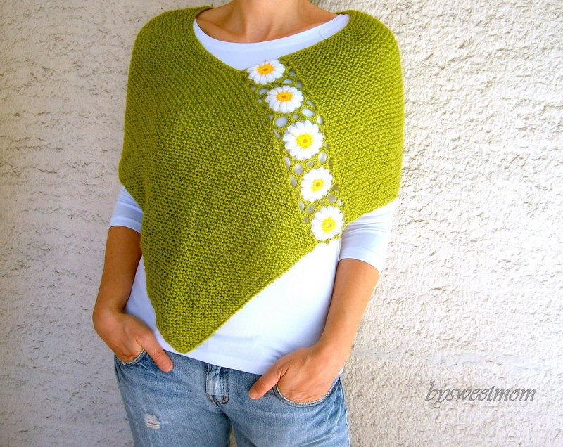 Green Poncho with Daisy Flowers, Hand Knit Womens Shawl Scarf