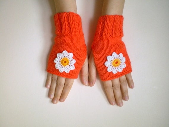 Orange Fingerless Mittens with Crochet Daisy Flowers