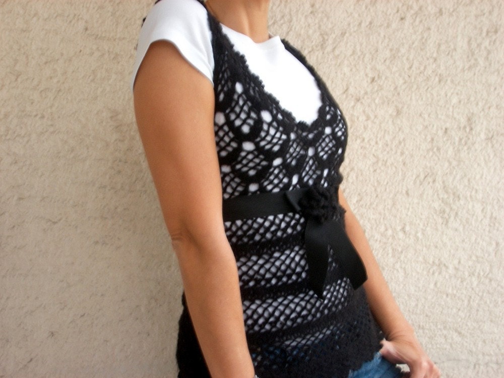 Crochet Black Sweater, Steampunk Style Women Top