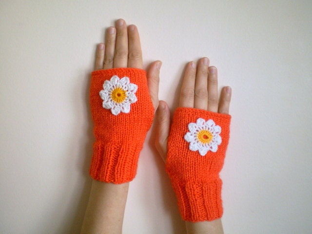 Orange Fingerless Mittens with Crochet Daisy Flowers