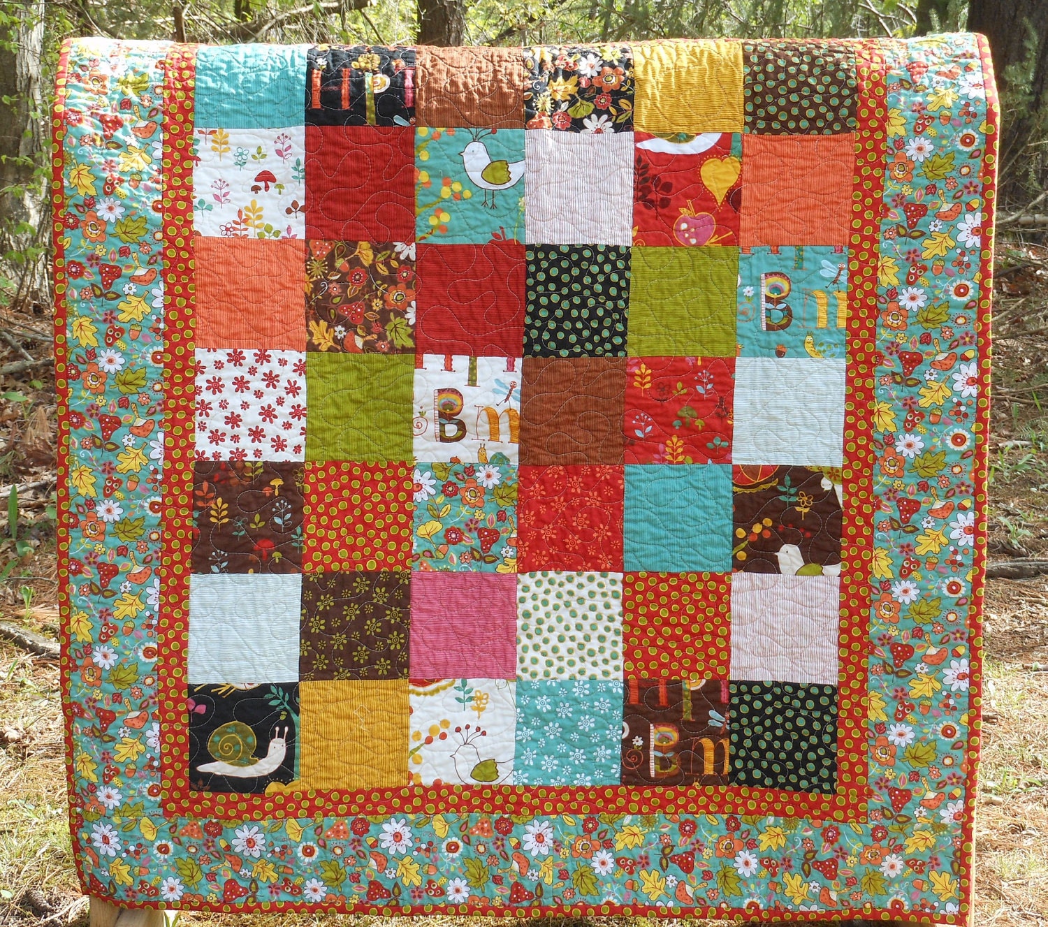 Whimsical Wee Woodland Baby Boy or Girl Quilt -- brown, red, orange, aqua -- animals