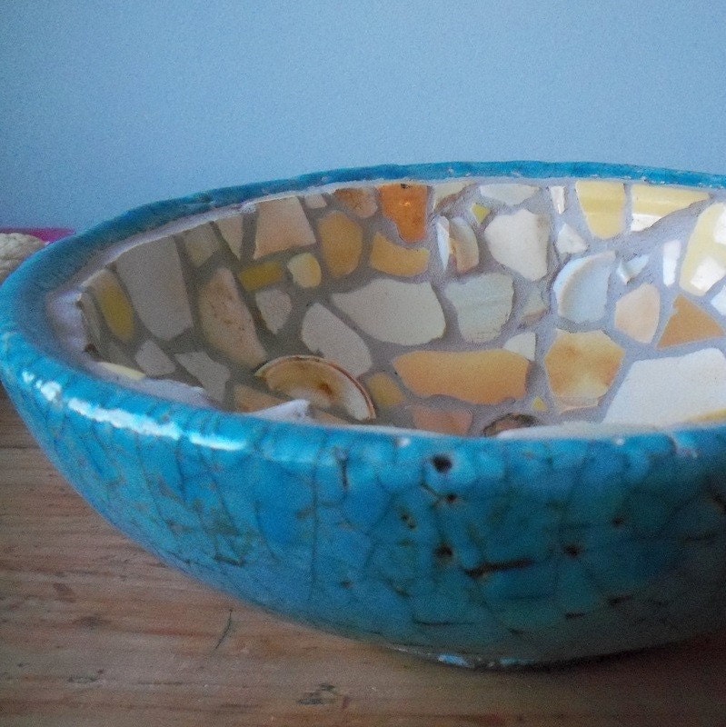 Turquoise mosaic bowl. Beach pottery mosaic.Crackled and crazed. Sea glass. Nautical home decor.Centerpiece bowl.