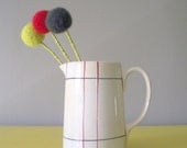 Large pom pom flowers.  Mod atomic home decor.  Wool felt ball flowers.  Bouquet of three.  Lemongrass, cherry red, smoke grey gray.