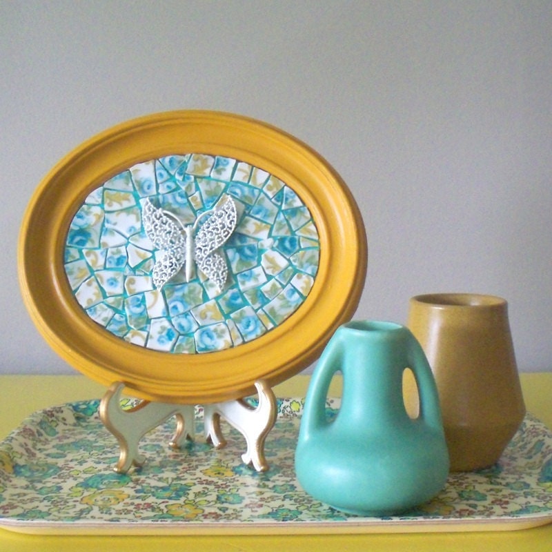 Butterfly picture.Mosaic art.Mustard and turquoise home decor.  Retro, kitsch wall art.  3d, mixed media art.Enamel brooch. Oval frame.