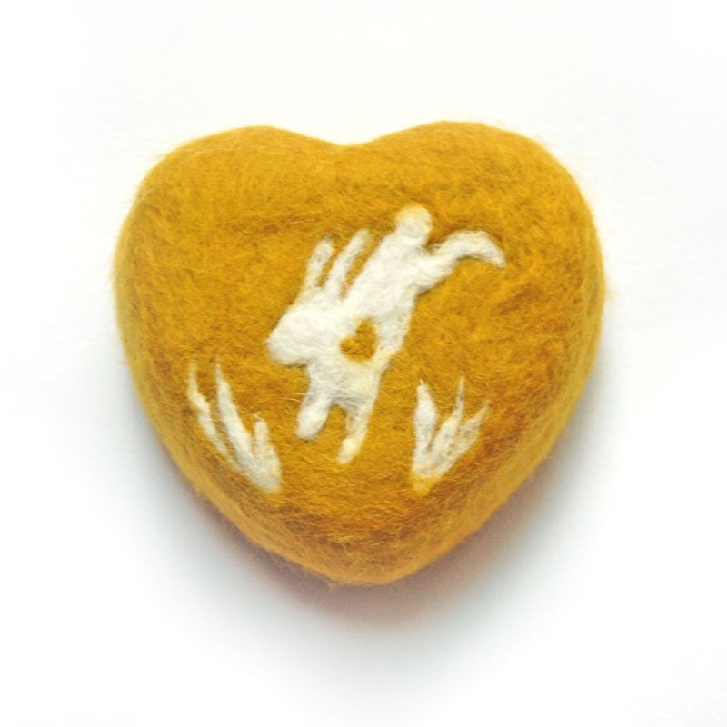 Felted Soap yellow Heart with Jumping Bunny  (Oatmeal Milk and Honey )