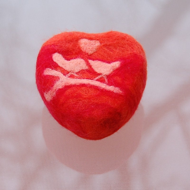 Red-Orange Heart with Birds ( Felted Pink Sugar Soap )