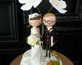 Custom Keepsake Wedding Cake Topper with Custom Wedding Dress and Large Flower Background - MilkTea