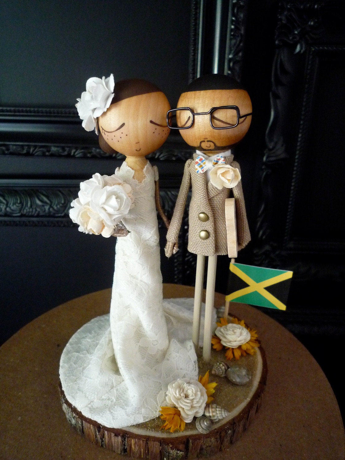 Wedding Cake Topper with Custom Wedding Dress & Beach Theme Keepsake -MilkTea