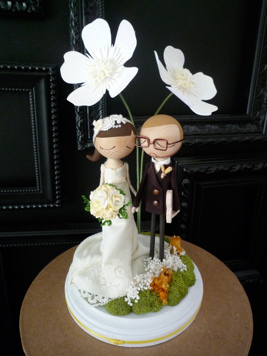 Custom Keepsake Wedding Cake Topper with Custom Wedding Dress and Large Flower Background - MilkTea