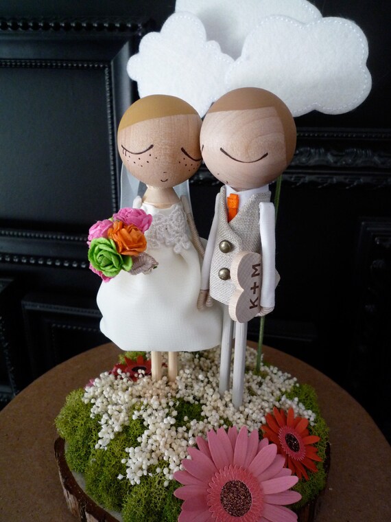 Wedding Cake Topper with Custom Wedding Dress and Cloud Background - Custom Keepsake by MilkTea