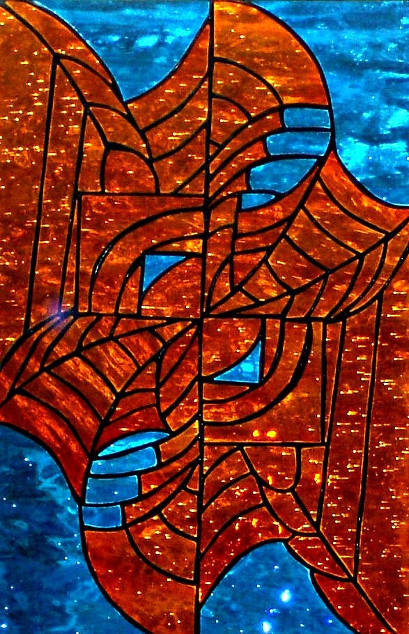 Abstract web panel stained glass decorative art turquoise copper contemporary window panel