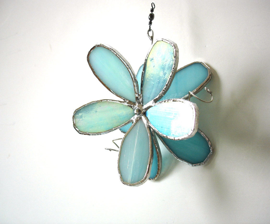 Blue flower suncatcher, 3D stained glass iridescent pearl blue window art home decor