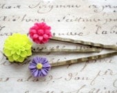 Bobby Pin Flowers Green Purple Fuschia Hair Accessories Colorful Flowers