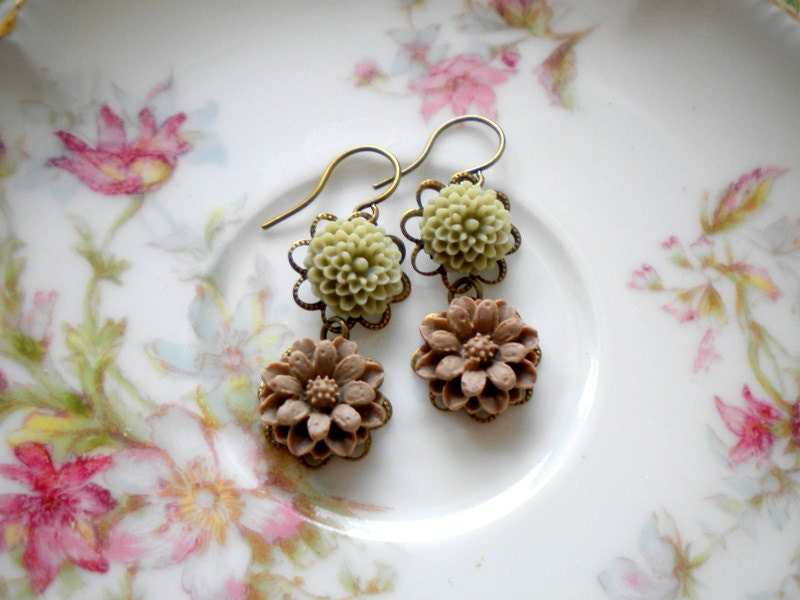 Dangle Flower Earrings Brown Green Drop Flower Cabochon Earrings Flower Jewelry