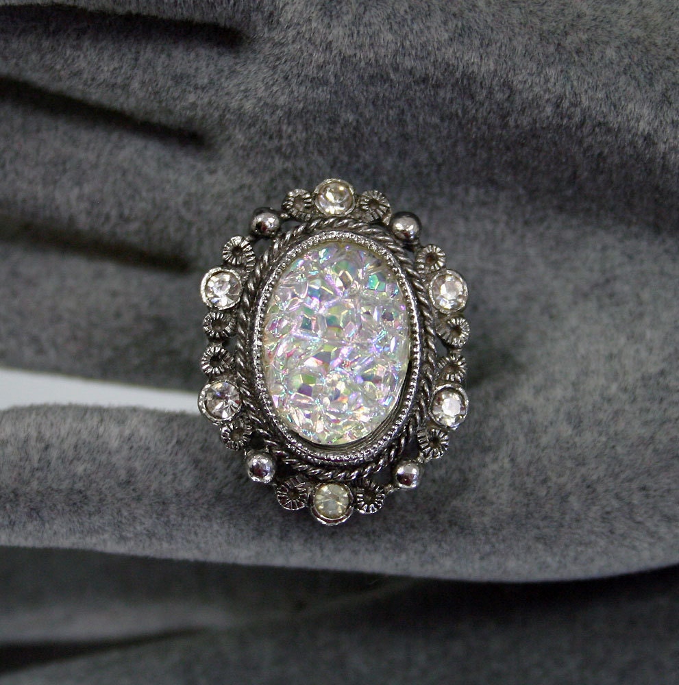 Vintage Ring Rhinestone Iridescent Pressed Glass Chunky Jewelry