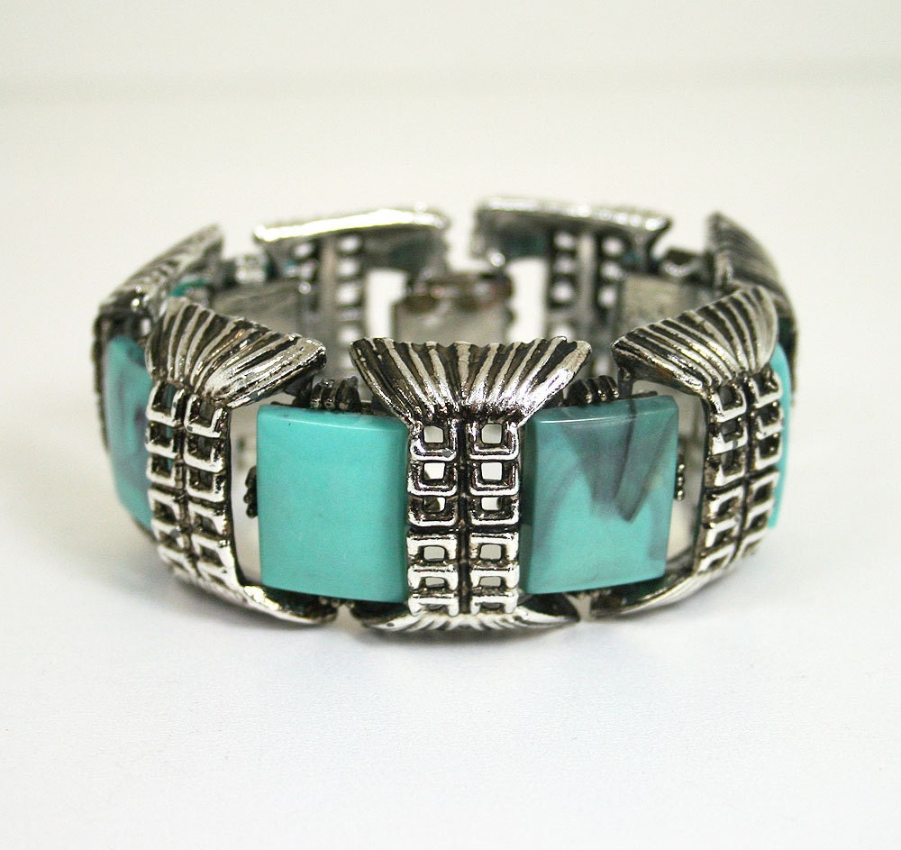 Vintage Bracelet Egyptian Revival Turquoise Lucite Silvertone 1960's Jewelry