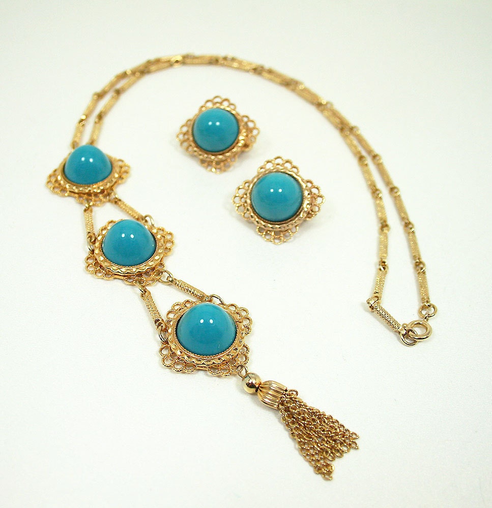 Vintage Hobe Necklace Earrings Goldtone Turquoise Lucite Mod Jewelry