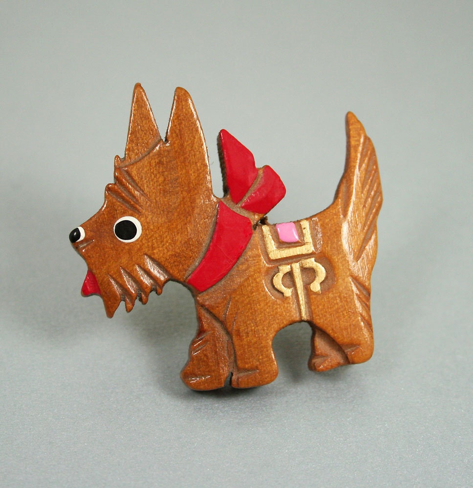 Antique Brooch Scottish Terrier Scottie Dog Carved Wood Hand Painted Jewelry