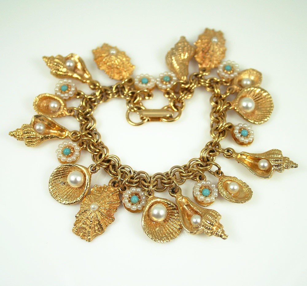 RESERVED for Dobrolet... Vintage Charm Bracelet Ocean Sea Life Faux Pearl Turquoise Jewelry
