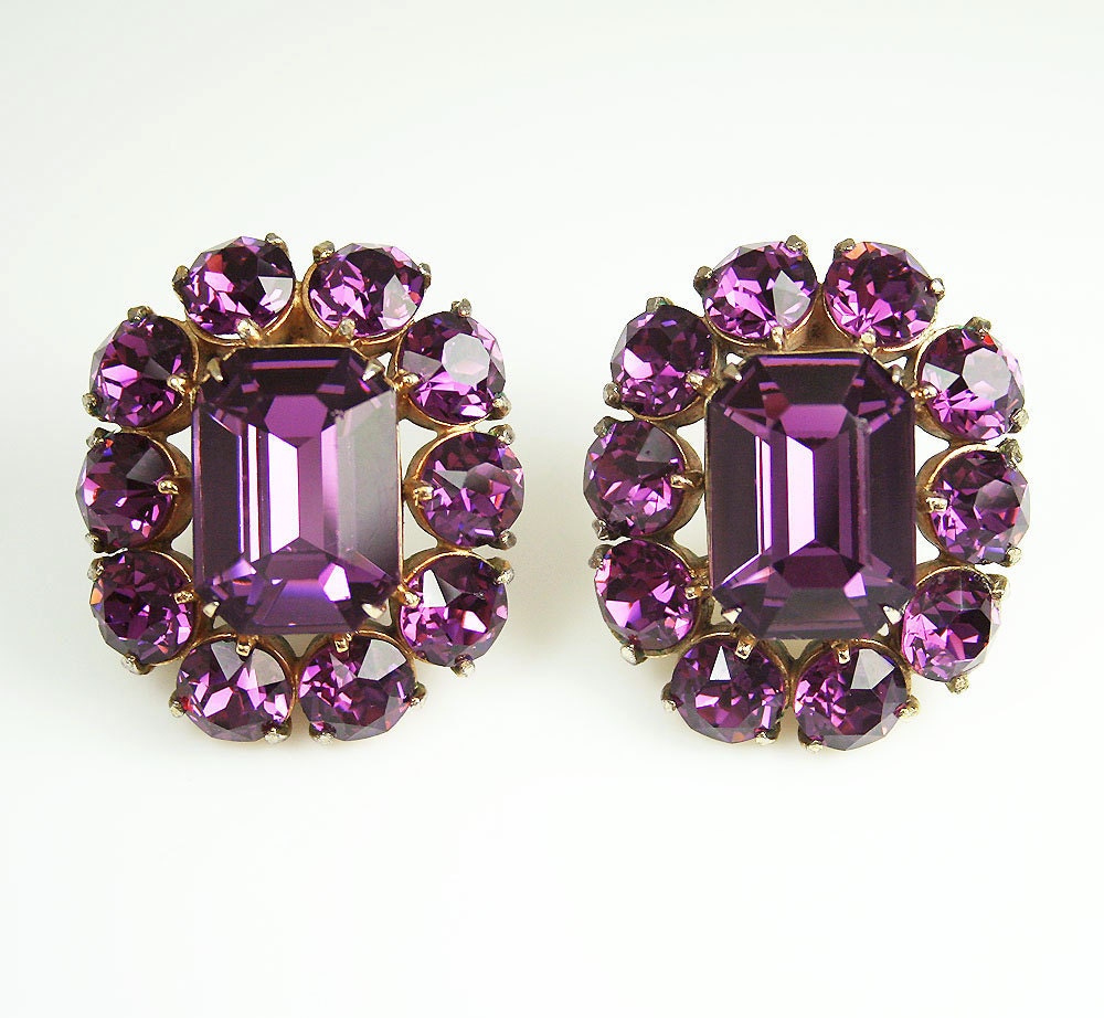Vintage Hollycraft Earrings Amethyst Purple Rhinestone Jewelry