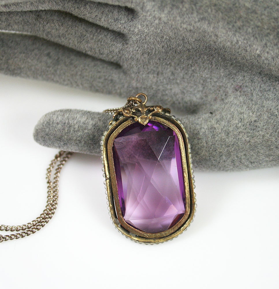 Art Deco Pendant Necklace Amethyst Glass Filigree Antique Jewelry