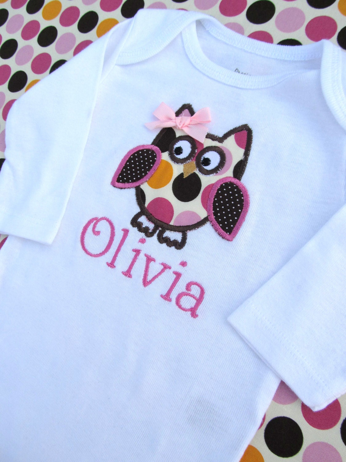 Personalized Polka Owl Onesie-Personalized Embroidered Owl Onesie- Baby Girl Onesie- Infant Bodysuit- Applique Owl Onesie