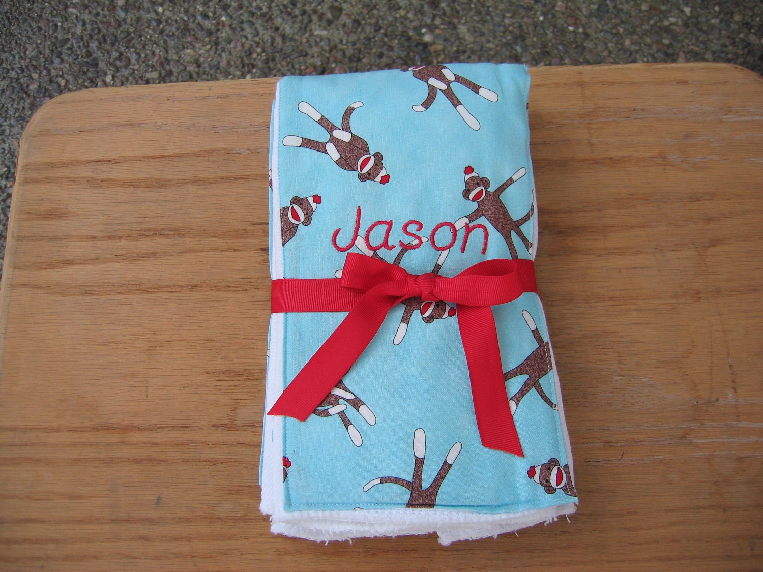 Premium Baby Burp Cloths Personalized, Embroidered, Sock Monkey, Set of 2