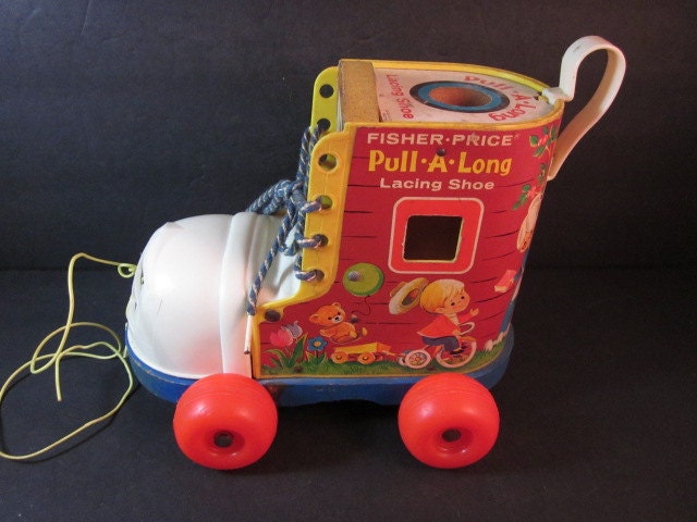 vintage 1970 fisher price pull-a-long lacing shoe