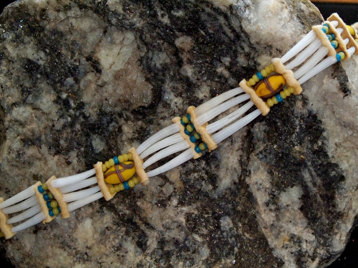 Native American Inspired Choker Necklace or Tribal Arm Band of Dentalium Shells and Antique Trade Beads by Miss Tudy