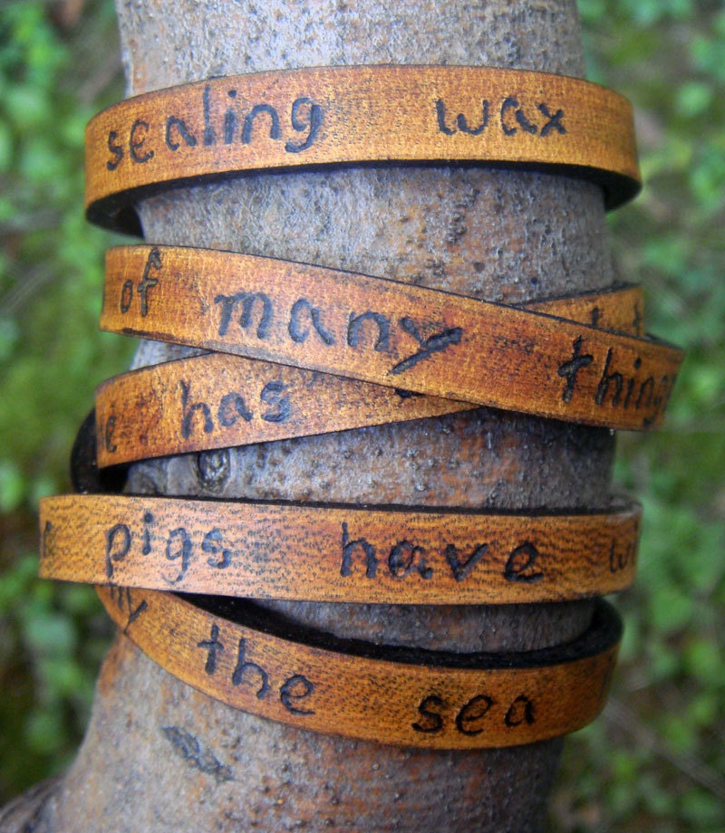 Ultra Long Hand Carved Custom Quote Leather Wrap Bracelet - with Alice in Wonderland Quote