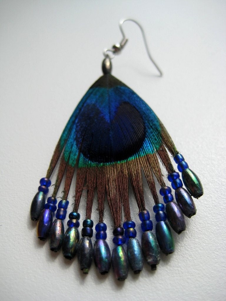 Earrings, Peacock, Feather, Beaded, Peacock Eye, Shimmer, Blue, Green, Black, Handmade Jewelry by BoutiquePeony on Etsy