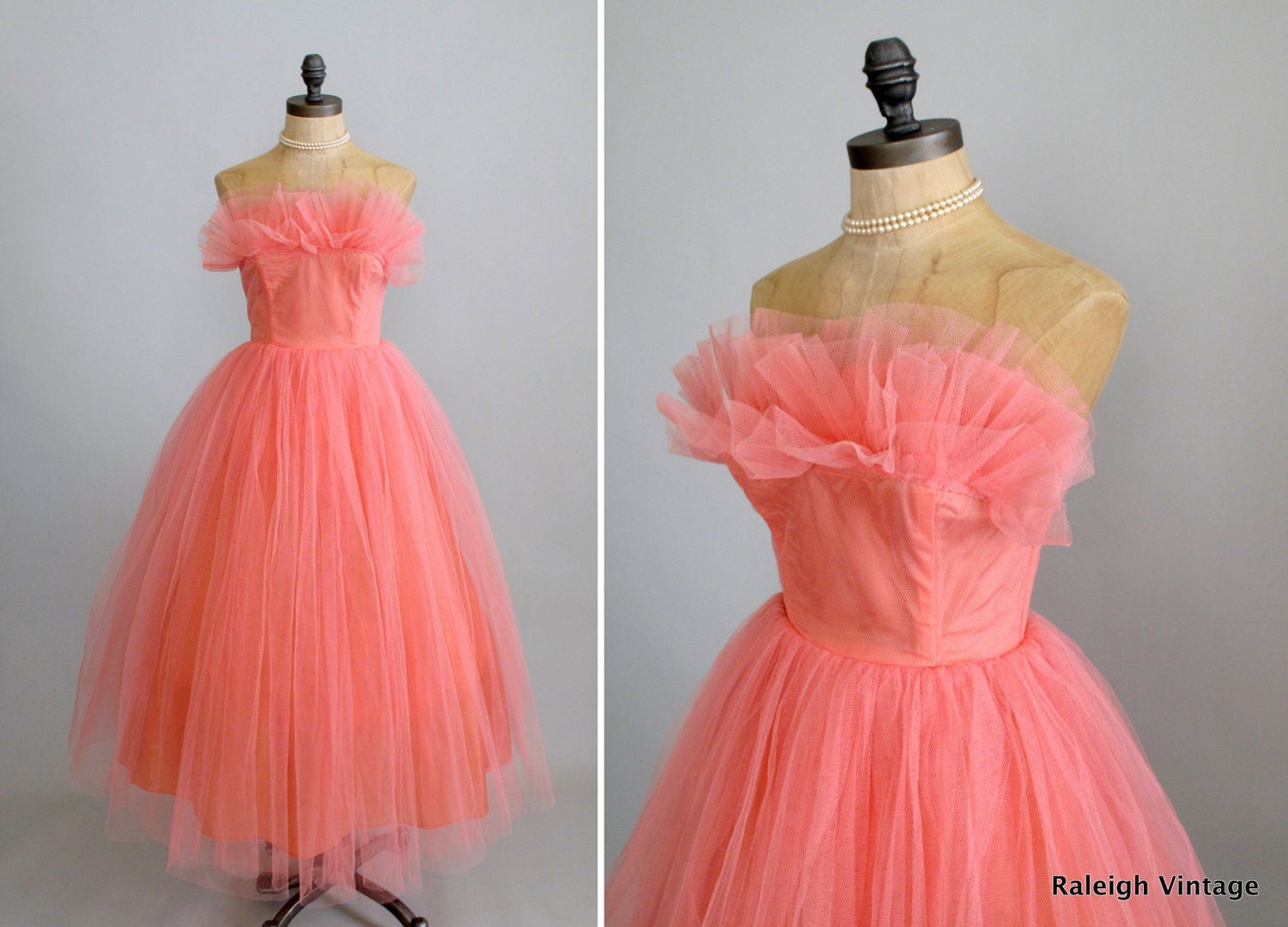 Vintage 1950s Prom Dress : 50s Strapless Peach Tulle Party Dress