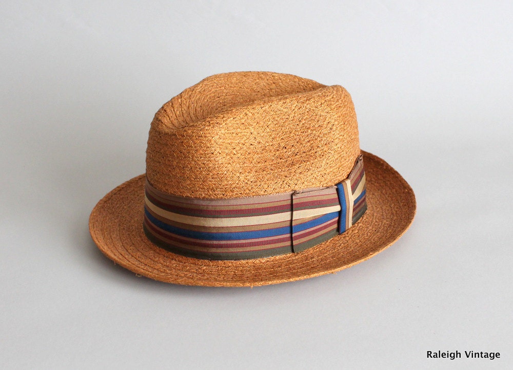 Vintage 1960s Hat : 50s 60s MENS Straw Fedora
