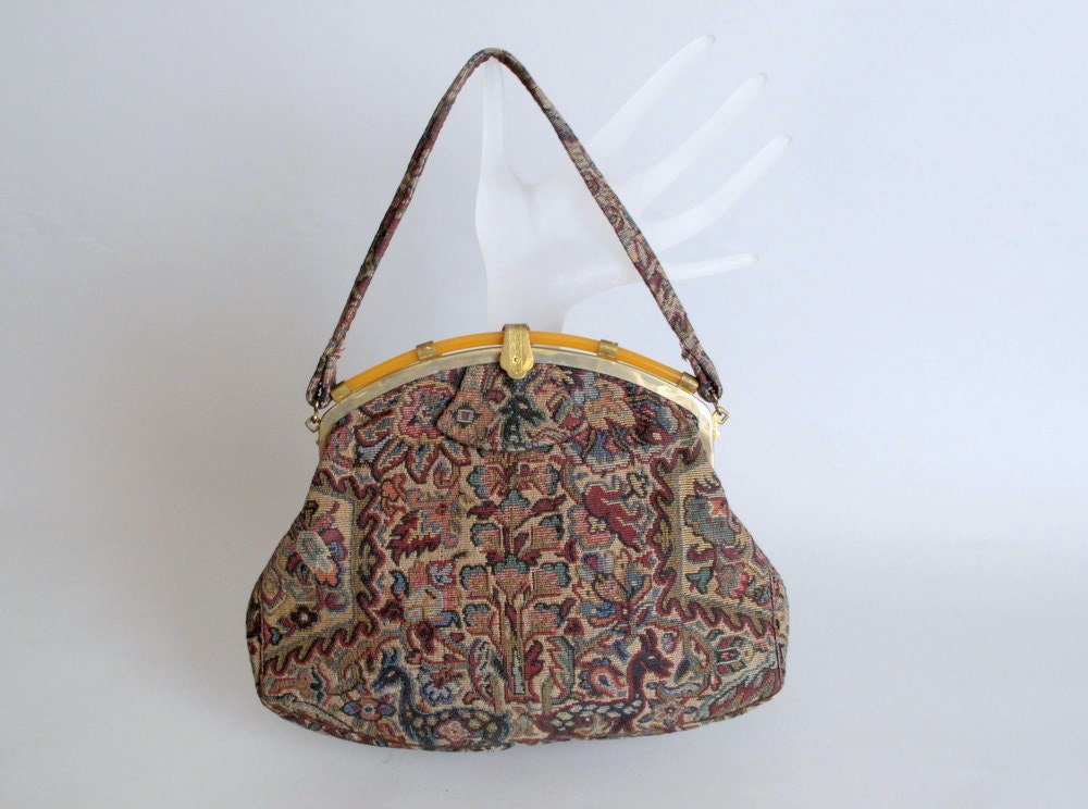 Vintage 1930s Tapestry Bag : 1920s 30s JEMCO Handbag