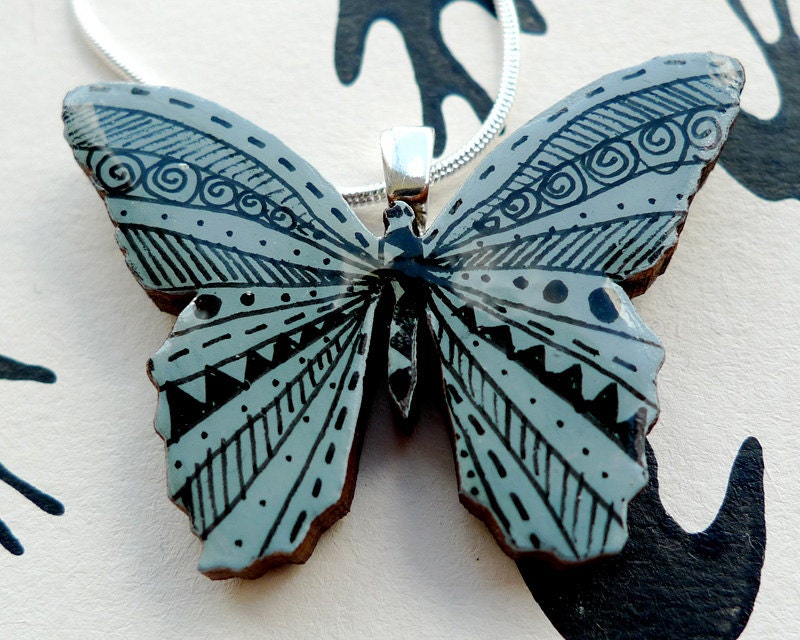 Gorgeous wooden Illustrated Butterfly necklace