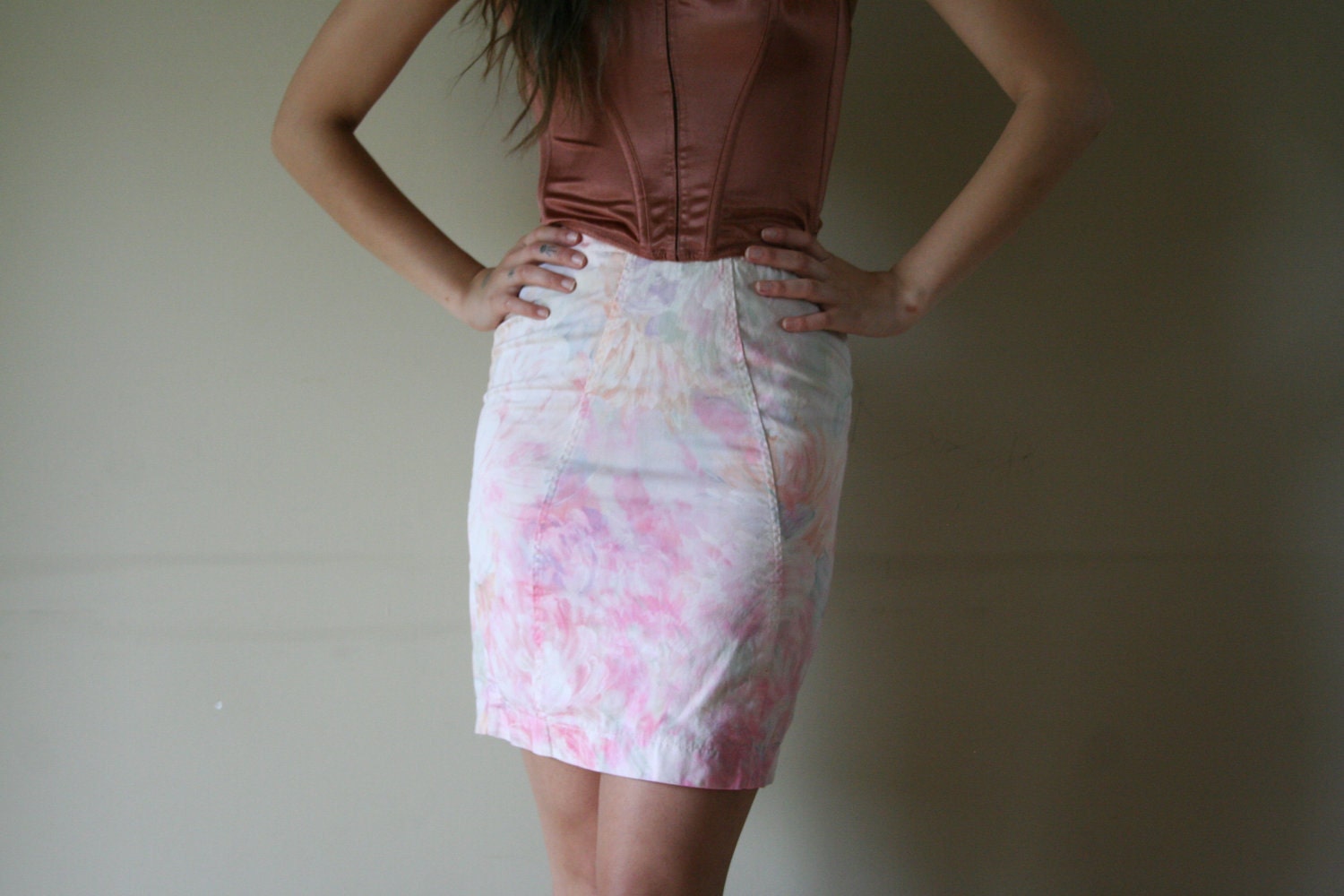 80s Body Con Mini Skirt Watercolor Sexy Fitted Wiggle Cut Party Hot Date Night Size Extra Small-Small xs sm 000-00-0-2