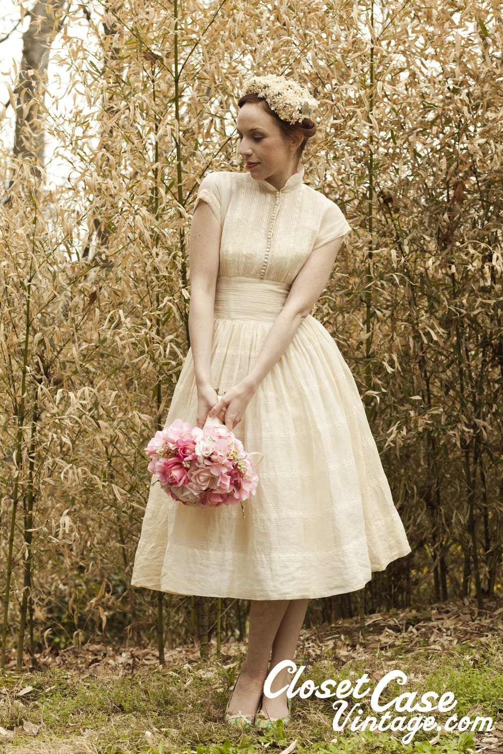 50s Rhinestone Cream Velvet Trimmed Flower Netted Bridal Hat