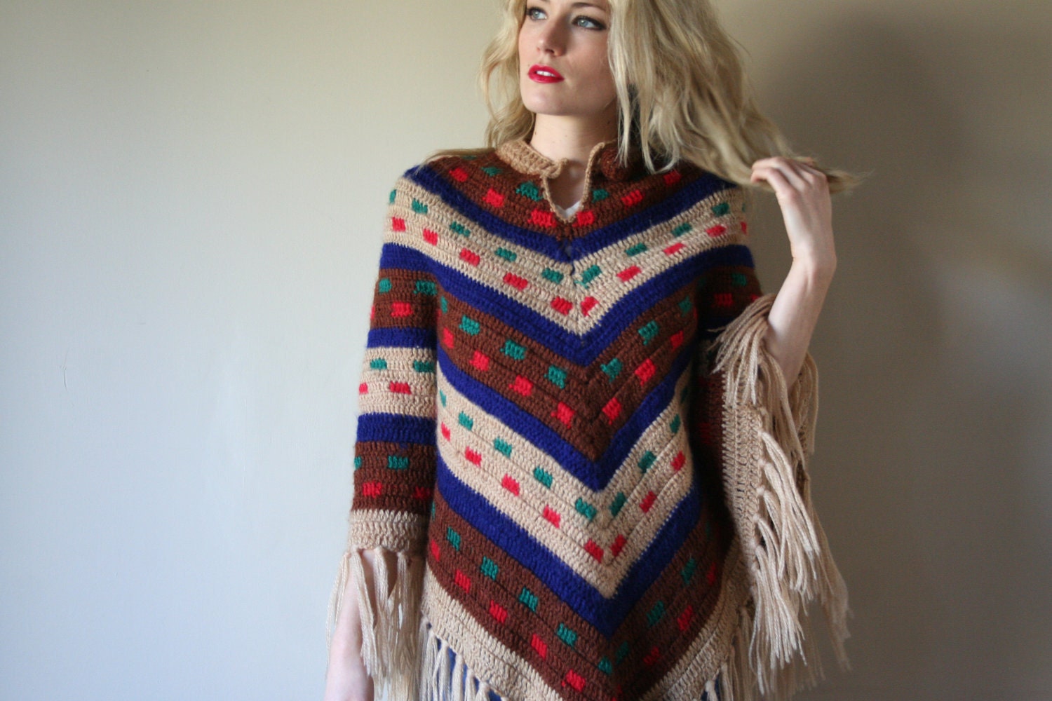 60s Chevron Sweater Poncho Cape Fringe Chunky Knit Cherry Red Crown Beige Teal Green All Sizes Small-Medium-Large sm med md lg (0-2-4-6)