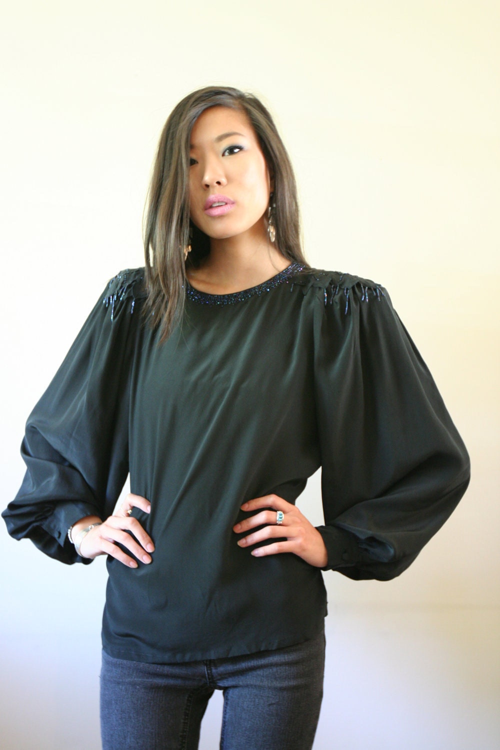 80s Silk Blouse HUGE Poet Sleeves Shoulder Pads Avant Garde Leaf Appliques Beaded Size Small-Medium sm med md (0-2-4-6)