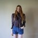 70s Avant Garde Blouse Puffed Sleeves Tartan Plaid Fitted Nipped Waist Button Up Shirt High Collar Frilly Size Small sm (00-0-2)