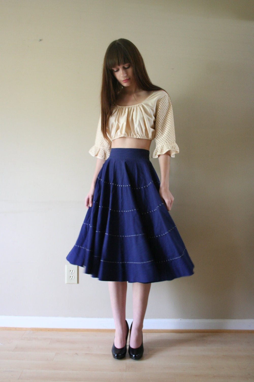 50s Full Circle Skirt Mexican Cotton Peasant Navy Cinched Waist White Threading Mad Men Size Extra Small xs (000-00-0)