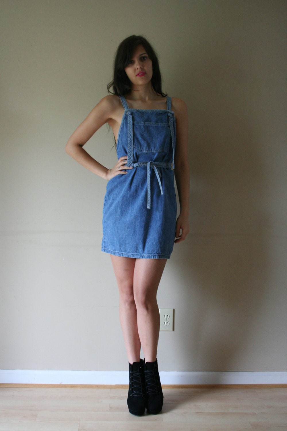 LAST CHANCE 90s Wrap Denim Minidress Light Blue Jean Front Pocket Overalls Open Back Summertime Party Size Small-Medium sm med md (0-2-4)