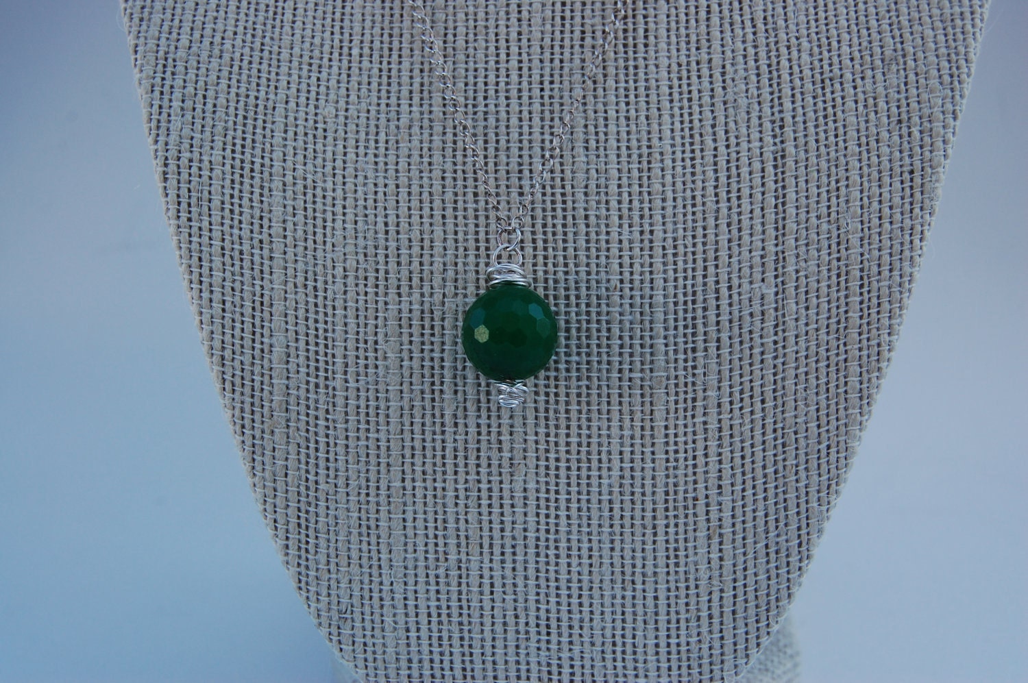 Wire Wrapped Faceted Emerald Green Round Gemstone Sterling Silver Necklace