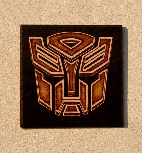 Transformers Autobot symbol woodburned home decoration