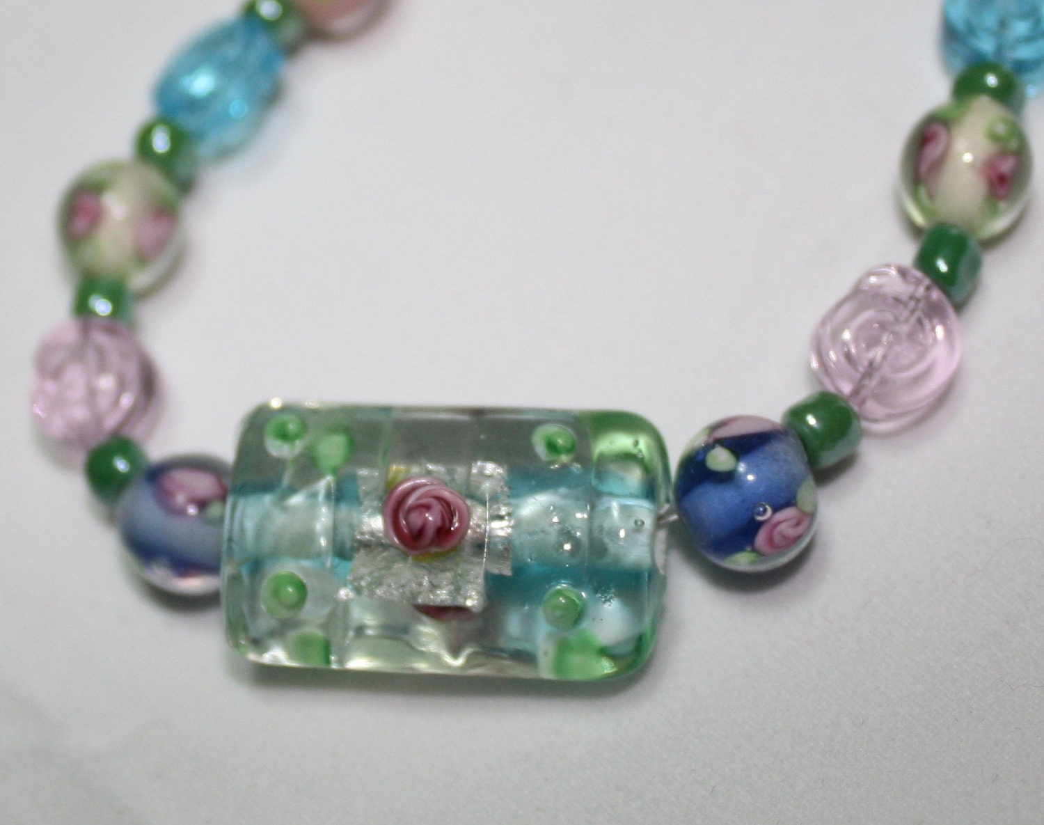 Pink, Green, White and Blue Beaded Necklace - Free Shipping - SALE