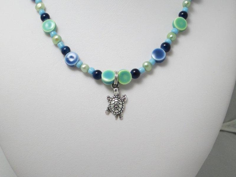 Blue and Green Beaded Necklace with Turtle Pendant - SALE