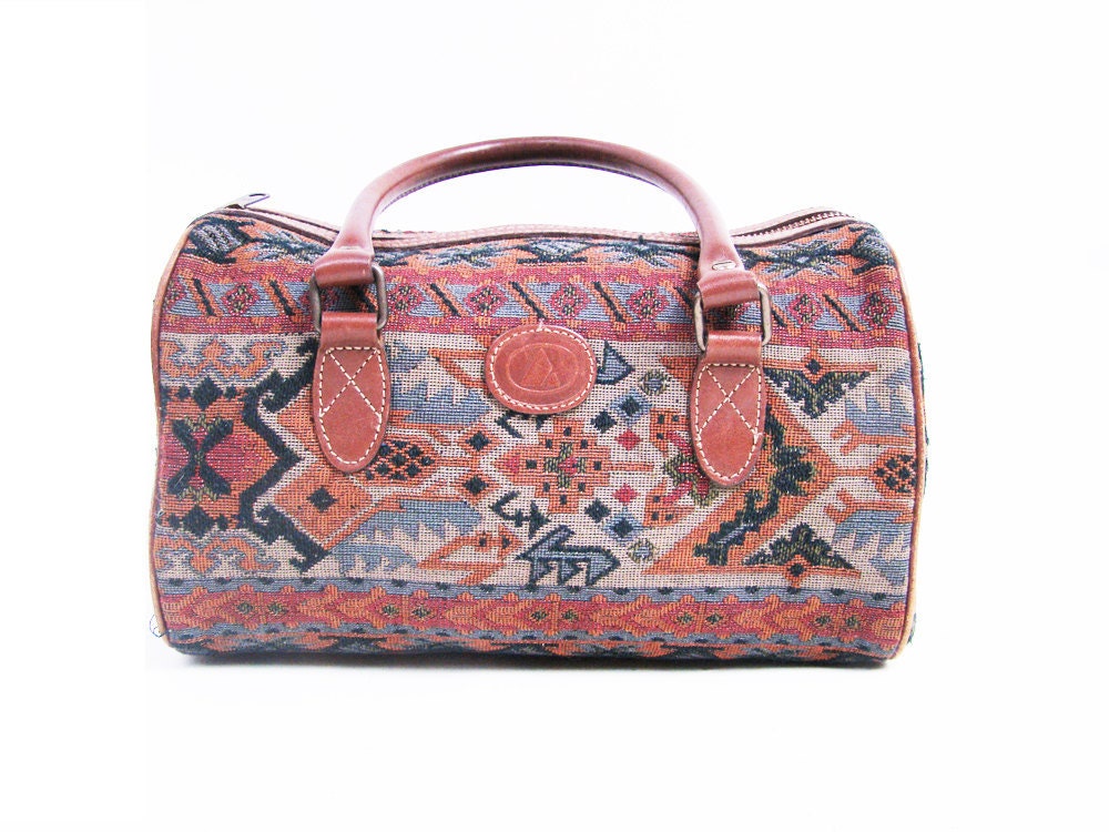 VIntage Woven and Brown Leather SOUTHWESTERN Handbag // Small